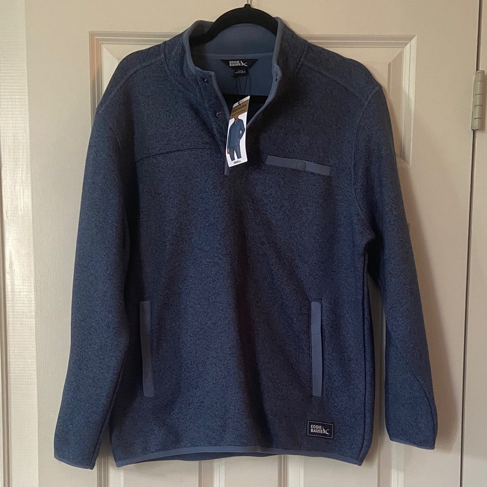 NWT Eddie Bauer Men's Fleece Quarter-Snap Pullover Sweater Blue Small